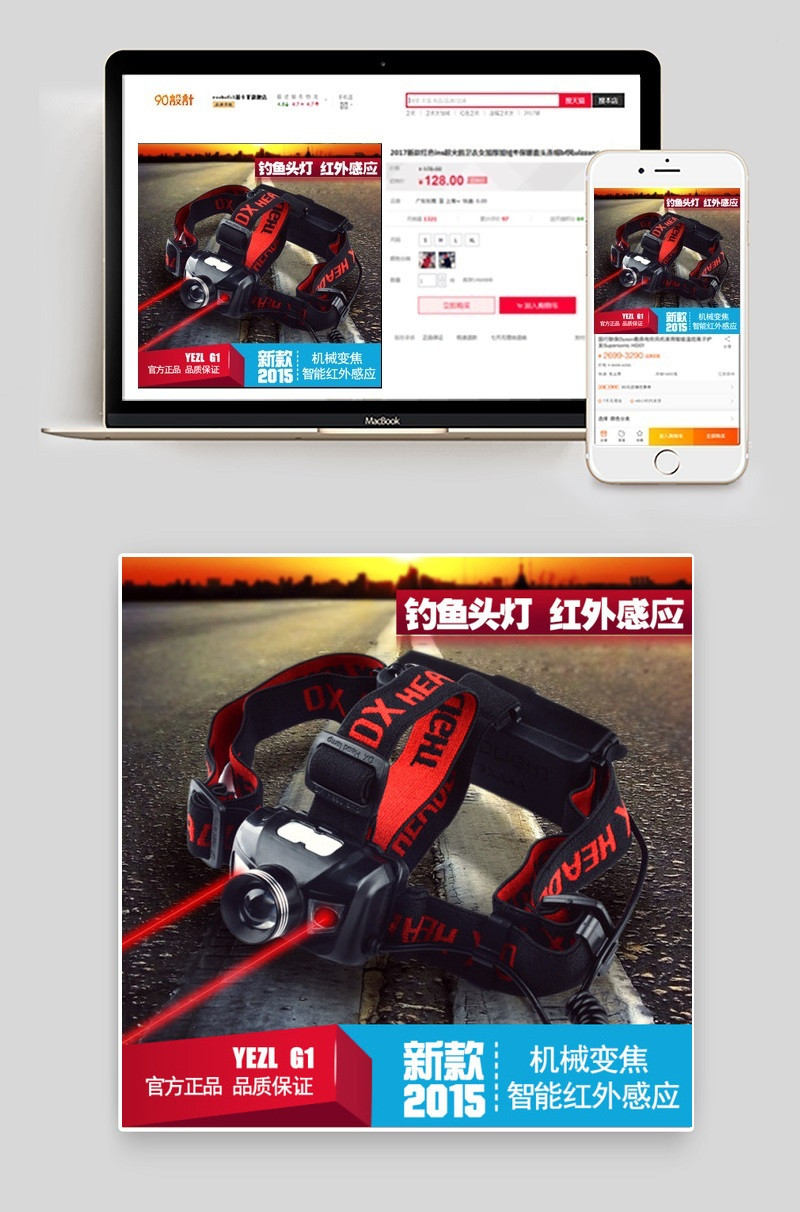 户外红外感应头灯直通车产品图