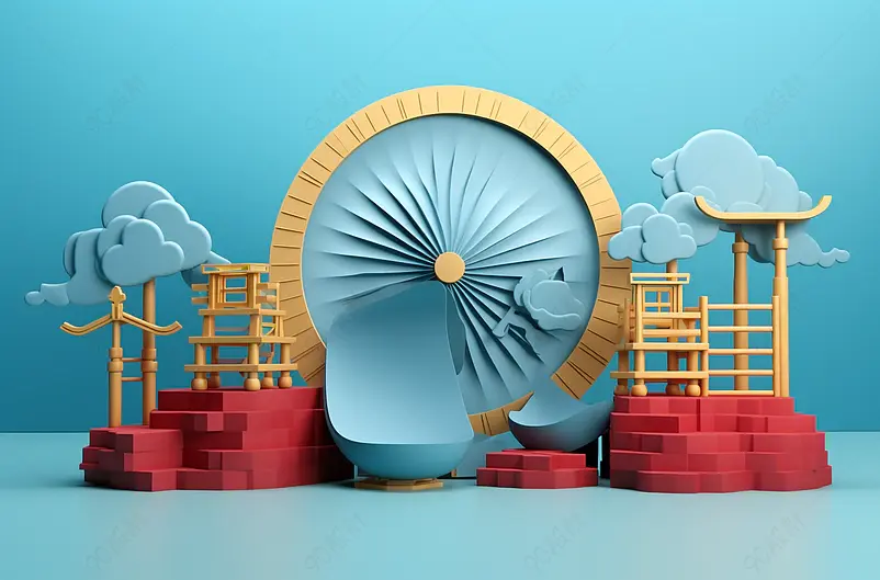 3d渲染中国风展示台场景