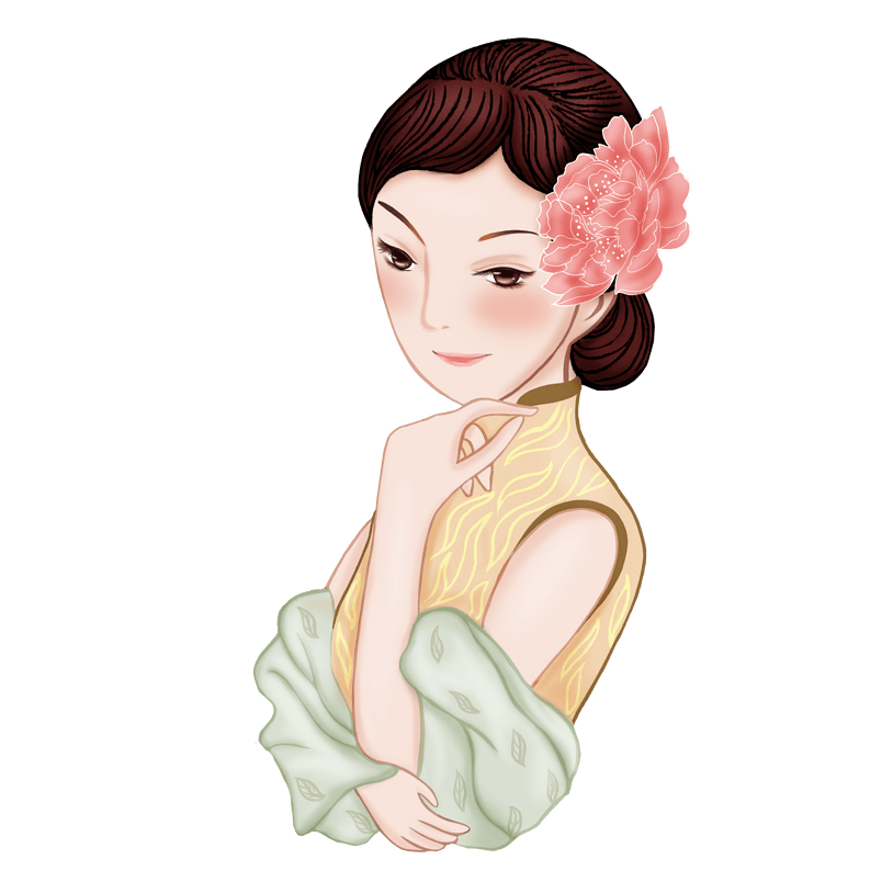 手绘卡通国潮风女孩装饰素材