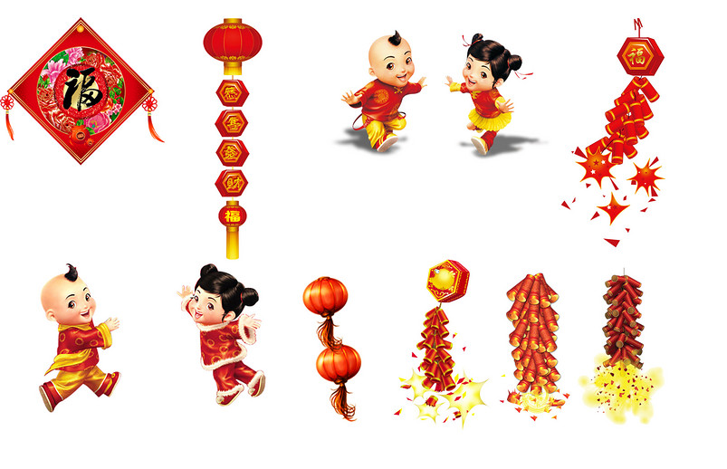 传统中国风春节福字鞭炮灯笼对联孩童素材