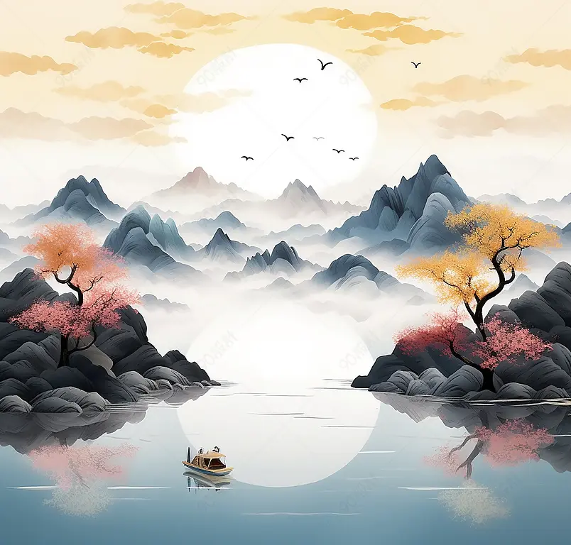 手绘中国风意境金色抽象山水风景画