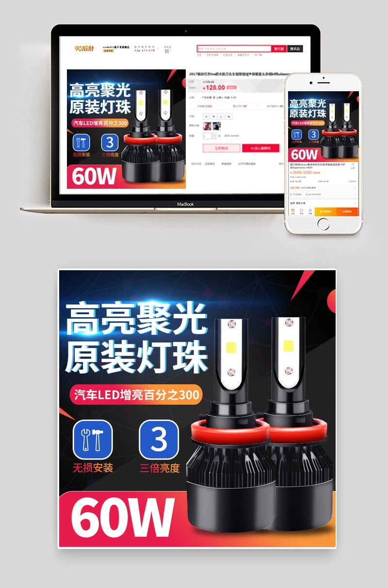 黑色高亮聚光led汽车大灯主图