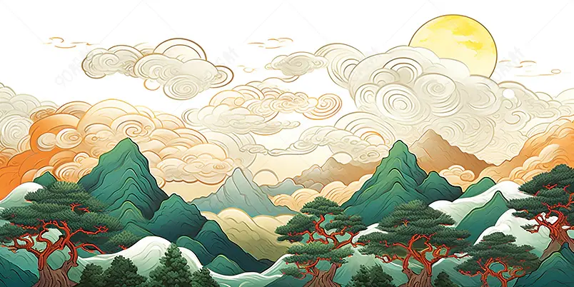 线描国潮风山水祥云松树白底插画设计