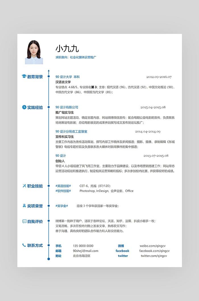 蓝色简约大气社会化媒体运营推广求职简历