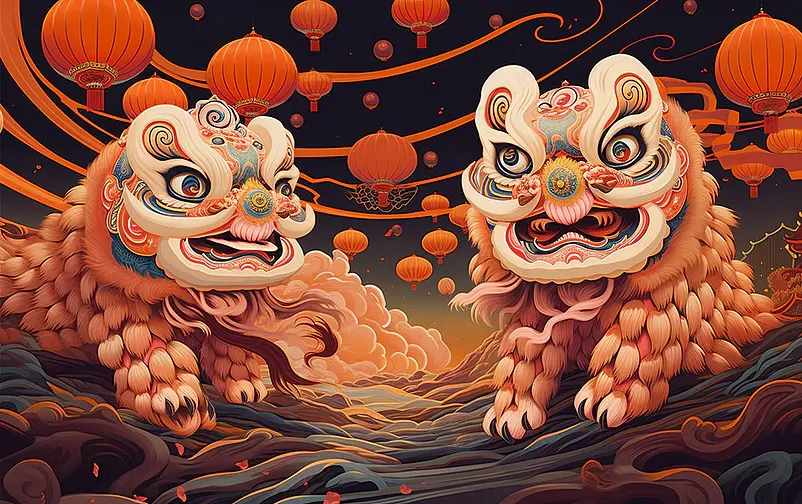 春节夜晚的烟火舞狮国潮插画