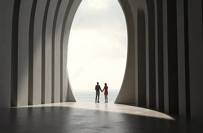 拱形走廊的现代建筑和握手的商务人士，三维图形