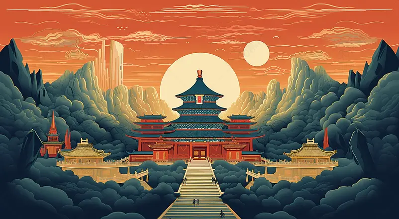 中国风国潮风中国城市地标建筑，国庆中秋春节新年传统文化节日天坛三潭映月黄鹤楼千寻塔东方明珠广州电视塔