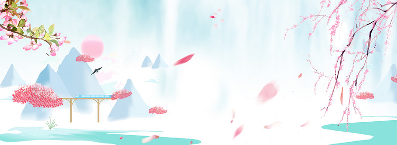 浅蓝色手绘唯美春季踏青桃花春天背景