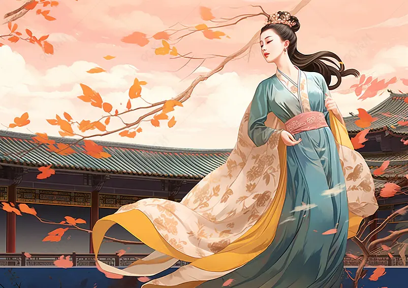中国国风国潮新中式古代汉服少女插画场景背景