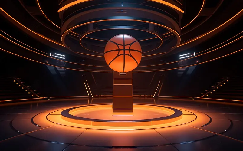 科技感圆形房间内的篮球,3D渲染