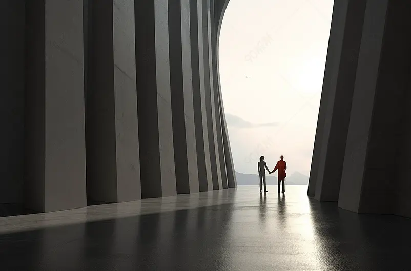 拱形走廊的现代建筑和握手的商务人士，三维图形