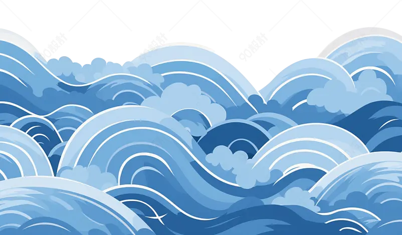 蓝色手绘插画海浪波浪浪花水纹水面免扣元素