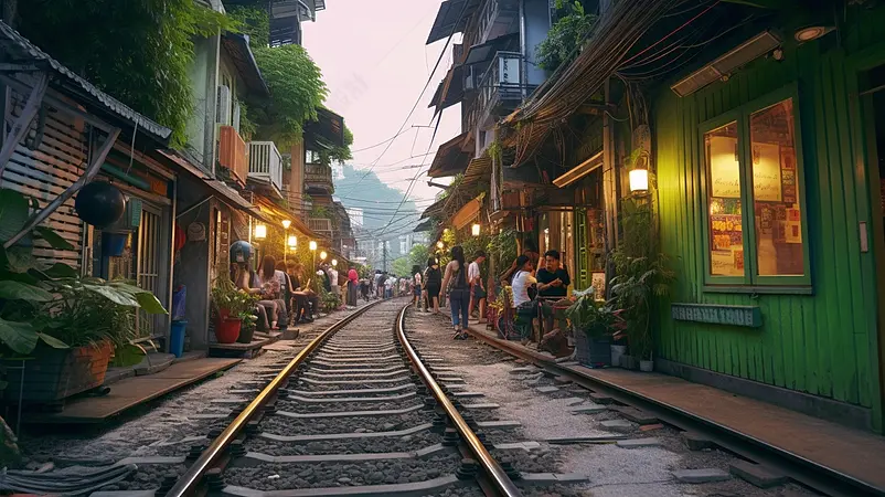 浪漫越南河内铁路两侧咖啡馆