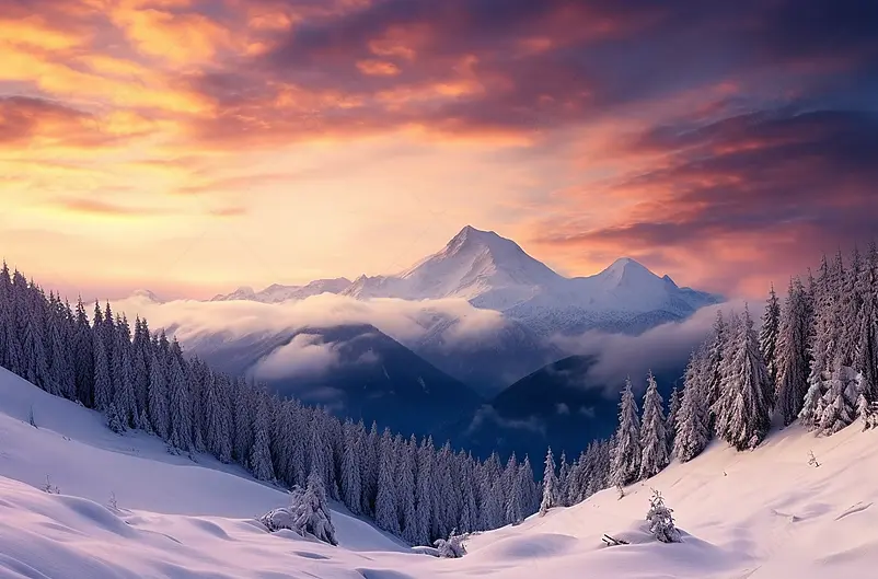 戏剧性的冬季场景与雪树，美国，美国