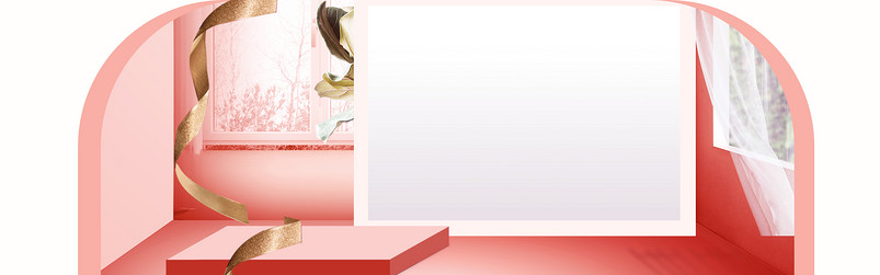 清新粉色立体圆形拱门空间飘带化妆品海报背景