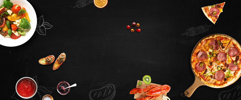 黑色粉笔线描食品餐桌面海报背景图