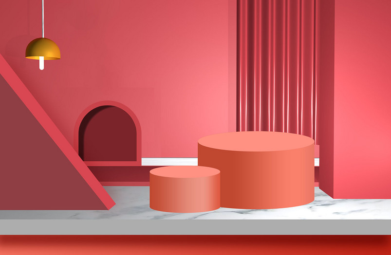 红色立体空间c4d展台家居家电海报背景