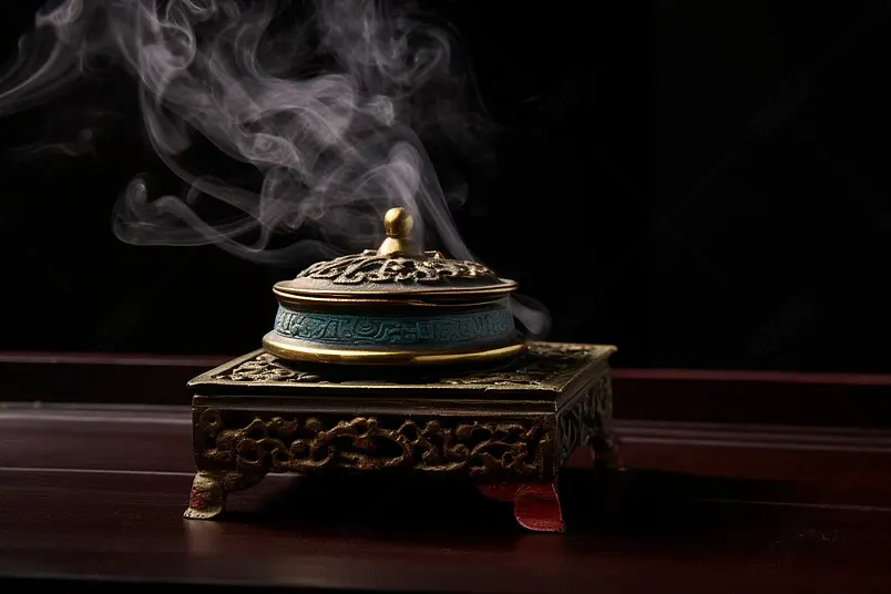 黑色传统香炉铜炉焚香摄影图