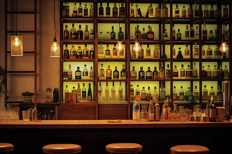 室内酒吧酒架上摆满酒背景图片