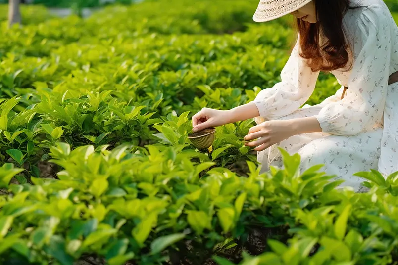 穿着白色裙子的女生再茶园里采茶