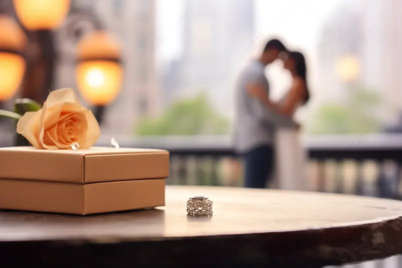 年轻青春情侣相拥背景下的戒指和鲜花