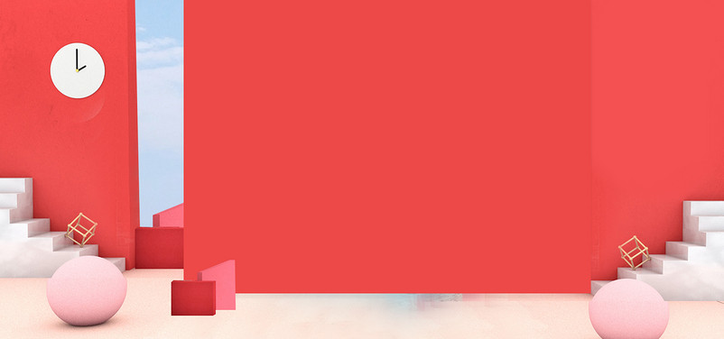 红色立体服装鞋包几何空间背景海报