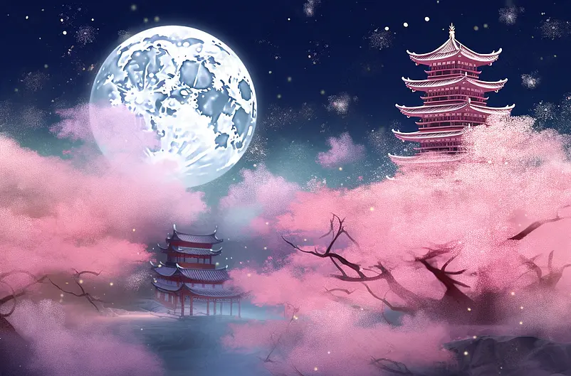 夜晚星空下武汉市的黄鹤楼周围樱花正盛开插画背景