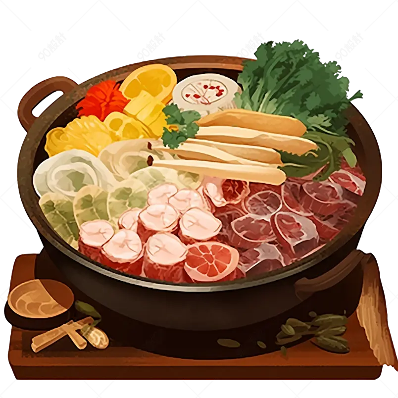 红色牛肉食物火锅托盘食材蔬菜肉插画实物元素