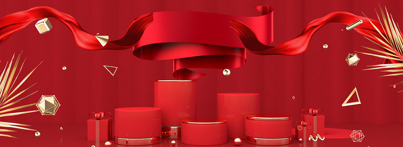 红色c4d圆台展台红丝带金色叶子海报背景
