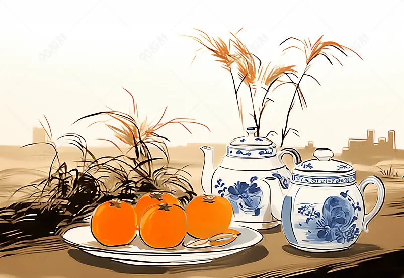 中国风传统水墨插画二十四节气花卉静物寒露