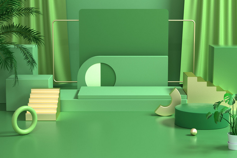 c4d三维立体空间鞋子箱包绿色背景海报图