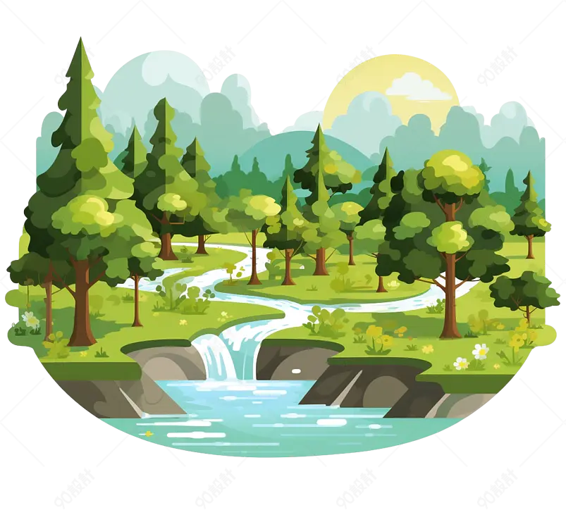 绿色手绘森林树林小溪流水小清新山水画插画免扣元素