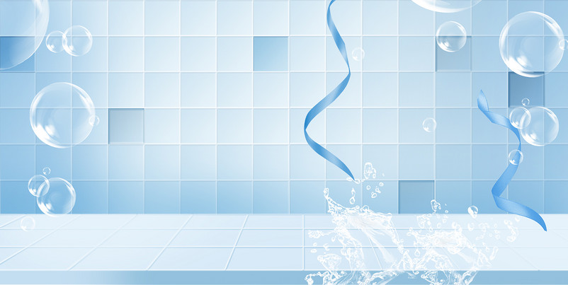蓝色渐变透明飞溅水花沐浴露厨卫洁具海报背景 