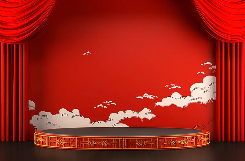 展示台与红色中国风背景,3D渲染