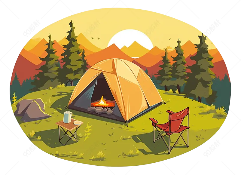 休闲娱乐日落自然界草坪上的帐篷场景免抠素材图