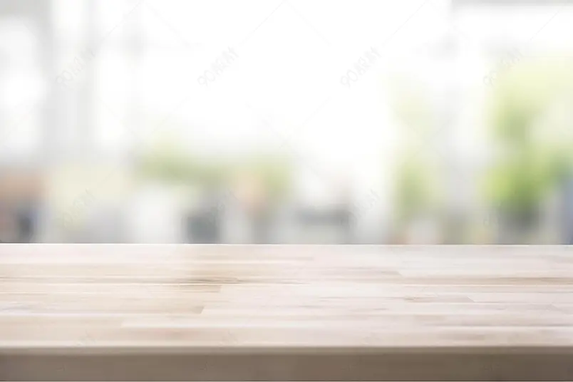 模糊厨房窗户背景上的木桌面唯美壁纸