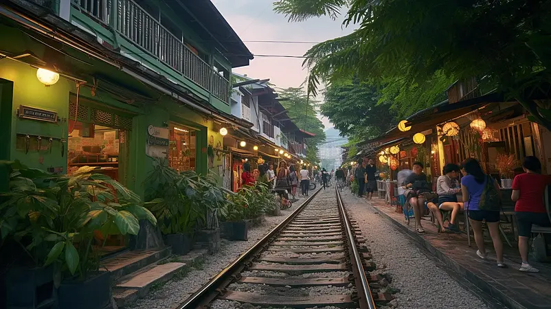 越南河内铁路两侧咖啡馆