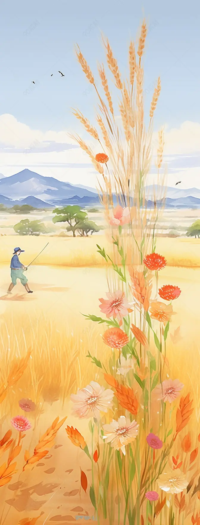 小清新水彩风格古风风景插画,秋收