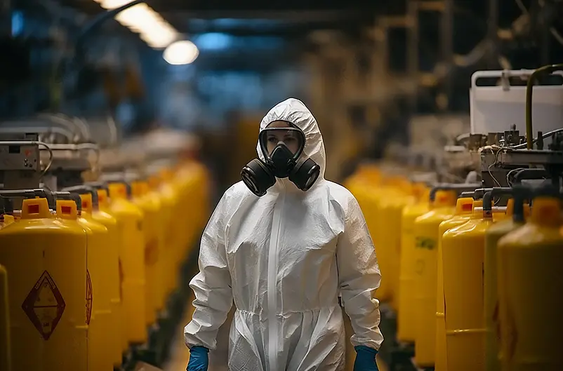 工厂工人戴着防毒面具和放射性防护服