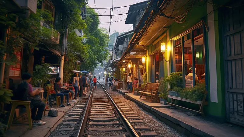 温馨越南河内铁路两侧咖啡馆