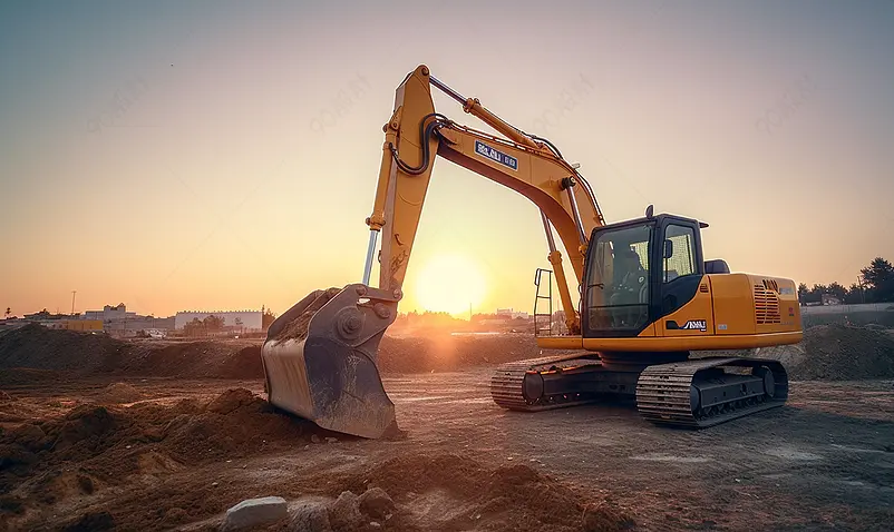 一辆橙色的小型工地挖掘机停放在施工现场