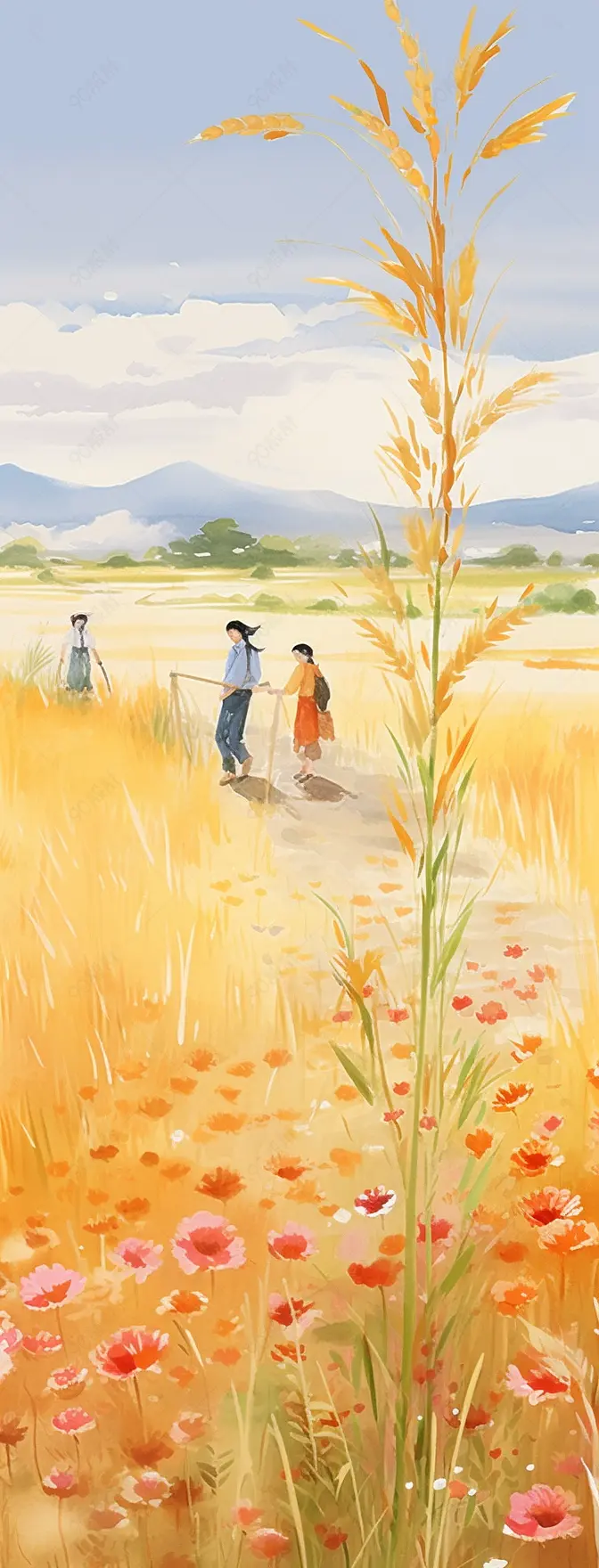 小清新水彩风格古风风景插画,秋收