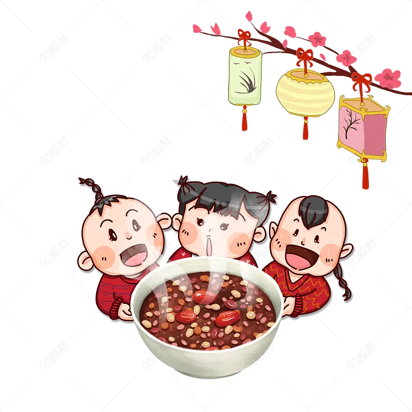 腊八节小孩子吃腊八粥梅花灯笼喜庆