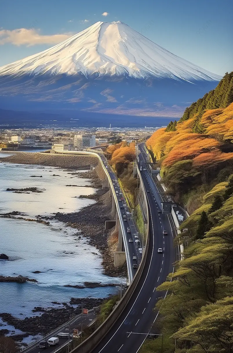 日本川口湖富士山秋夜红枫树