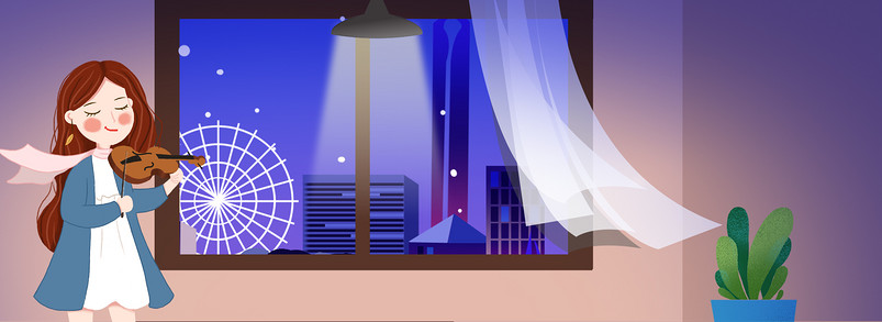夜晚窗边拉小提琴的小女孩插画风背景