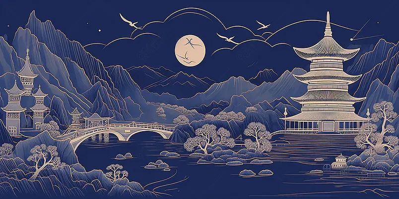 蓝金中国城市插画，国庆节春节新年插画，节庆庆典欢度国庆年终盘点年货节海报插画企业宣传包装插画