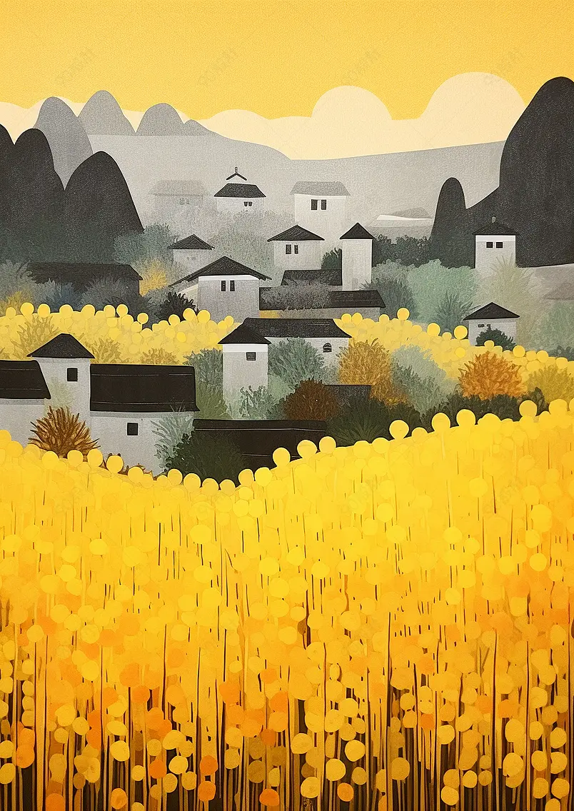 中国国潮国风新中式复古风油菜花乡村竖版