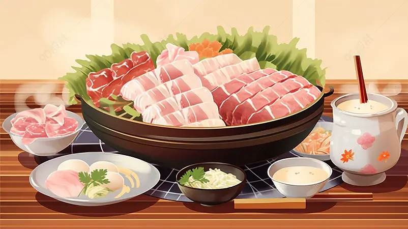 桌子上的鸳鸯火锅和肥牛卷