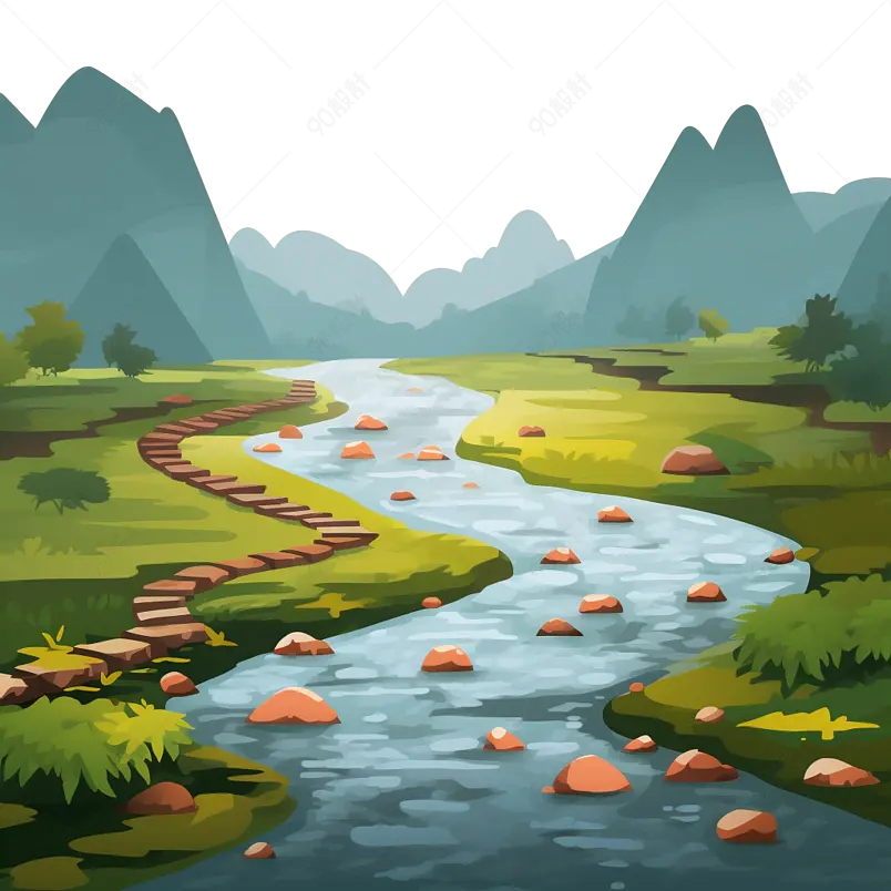 绿色手绘山水画小溪边红砖小路石头自然插画免扣元素