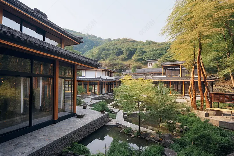 阳光下有山有水园林式客栈实拍摄影图